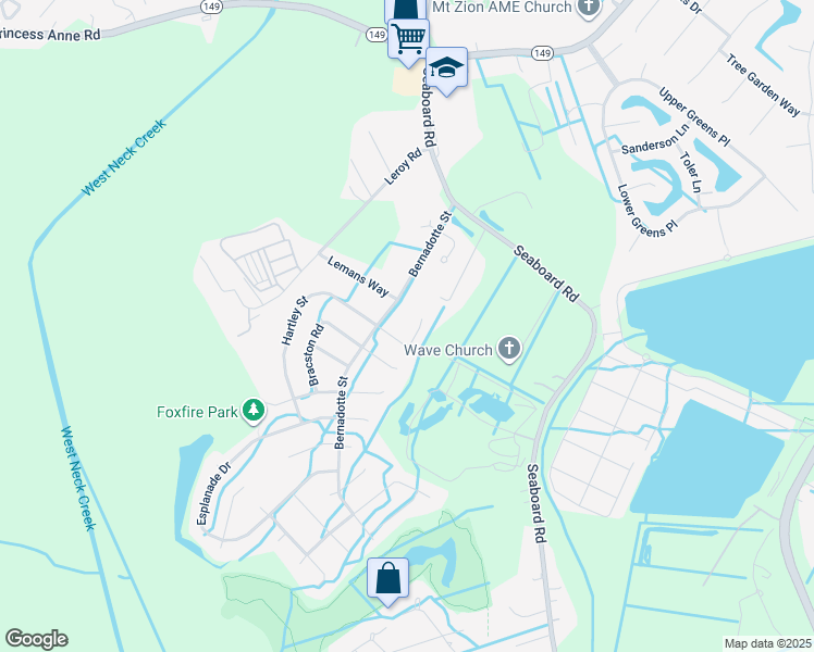 map of restaurants, bars, coffee shops, grocery stores, and more near 2428 Bernadotte Court in Virginia Beach