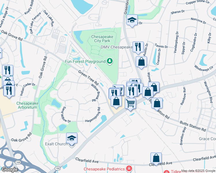 map of restaurants, bars, coffee shops, grocery stores, and more near 700 Lacy Oak Drive in Chesapeake