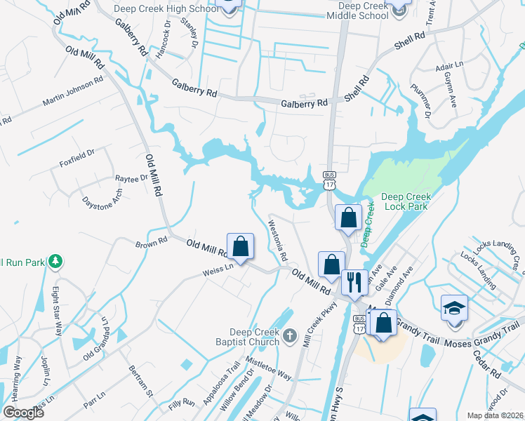 map of restaurants, bars, coffee shops, grocery stores, and more near 135 Westonia Rd in Chesapeake