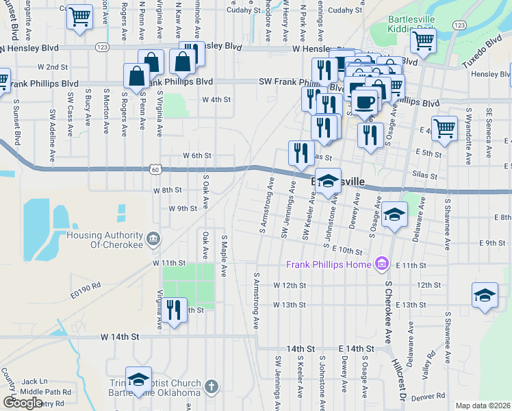 map of restaurants, bars, coffee shops, grocery stores, and more near 416 West 9th Street in Bartlesville