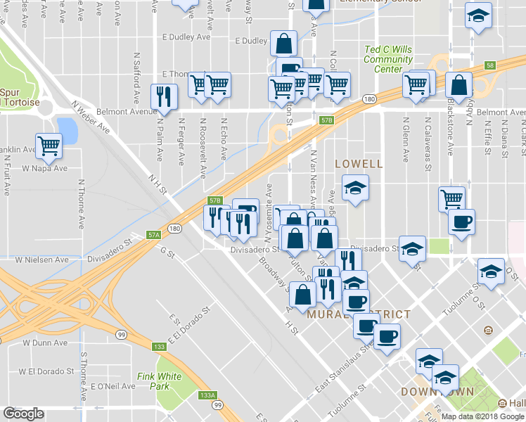 map of restaurants, bars, coffee shops, grocery stores, and more near 175 North Yosemite Avenue in Fresno