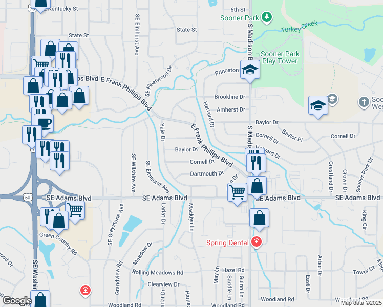 map of restaurants, bars, coffee shops, grocery stores, and more near 4737 Baylor Drive in Bartlesville