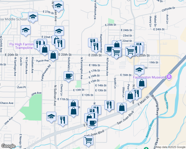 map of restaurants, bars, coffee shops, grocery stores, and more near 2304 East 16th Street in Farmington