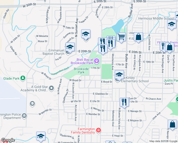 map of restaurants, bars, coffee shops, grocery stores, and more near 1400-1498 North Orchard Avenue in Farmington