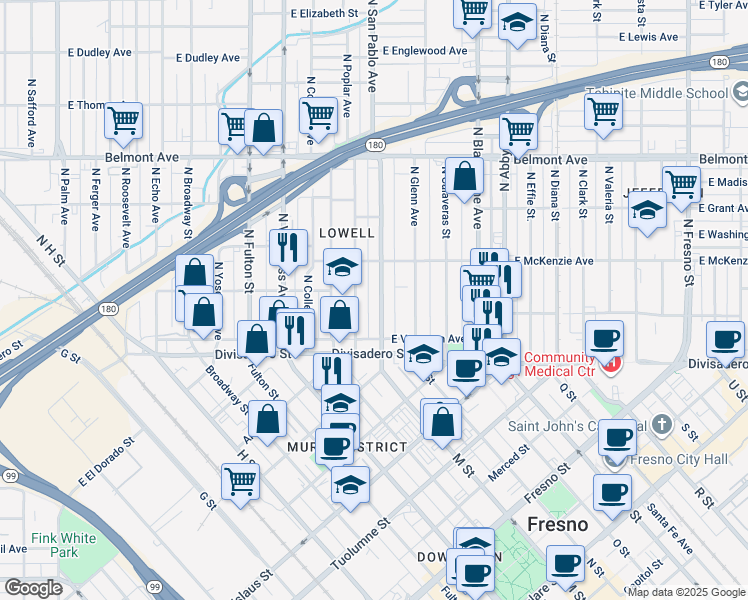 map of restaurants, bars, coffee shops, grocery stores, and more near 224 North San Pablo Avenue in Fresno