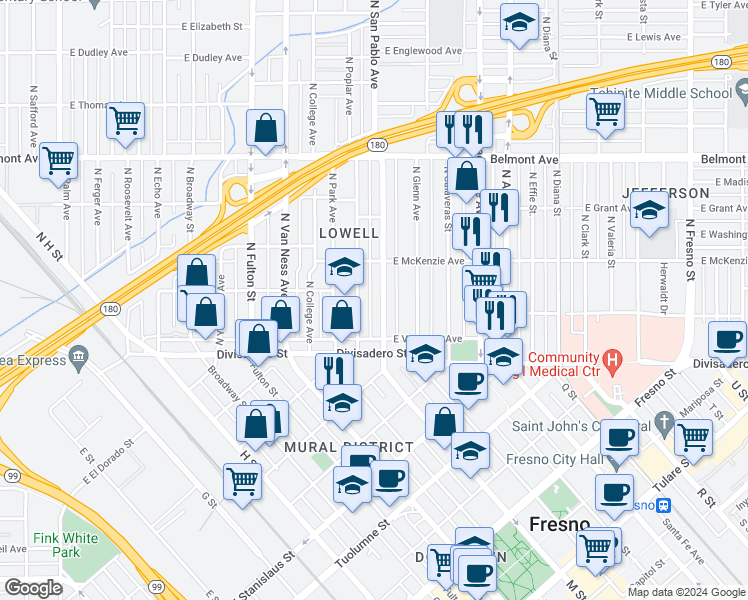 map of restaurants, bars, coffee shops, grocery stores, and more near 224 North San Pablo Avenue in Fresno