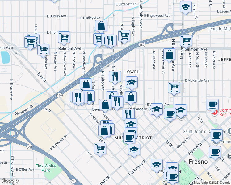 map of restaurants, bars, coffee shops, grocery stores, and more near 183 North Van Ness Avenue in Fresno