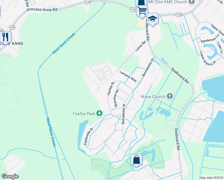 map of restaurants, bars, coffee shops, grocery stores, and more near 2604 Hartley Street in Virginia Beach