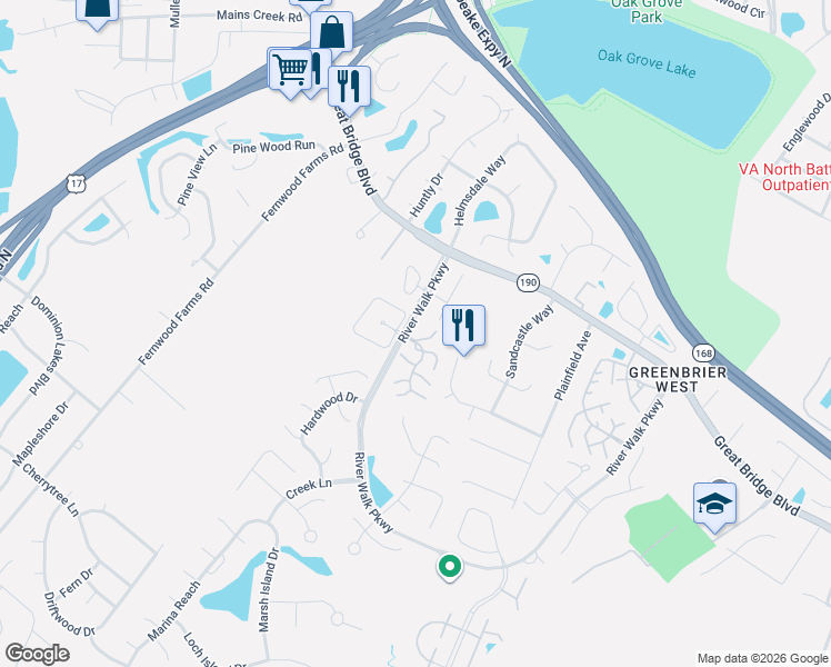 map of restaurants, bars, coffee shops, grocery stores, and more near 717 Rapidan River Court in Chesapeake