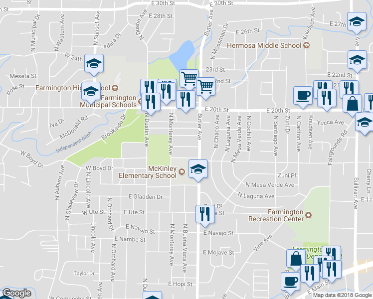 map of restaurants, bars, coffee shops, grocery stores, and more near 601 East 16th Street in Farmington