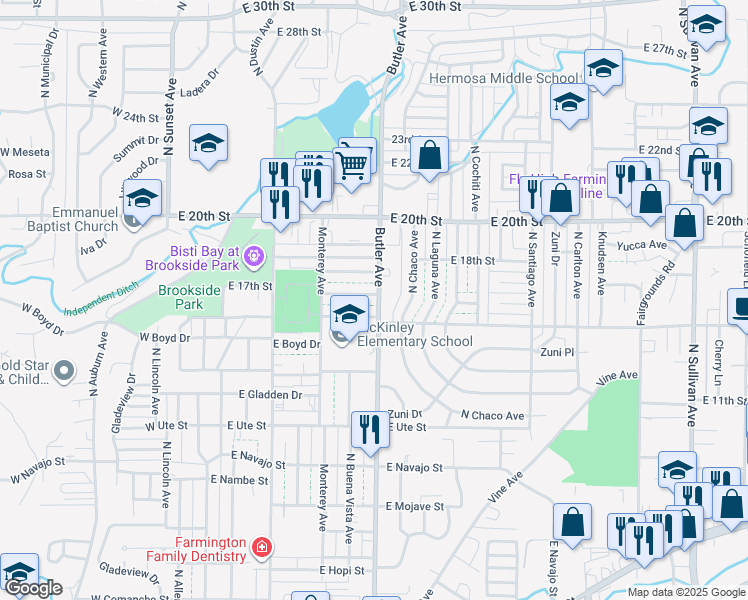 map of restaurants, bars, coffee shops, grocery stores, and more near 609 East 16th Street in Farmington