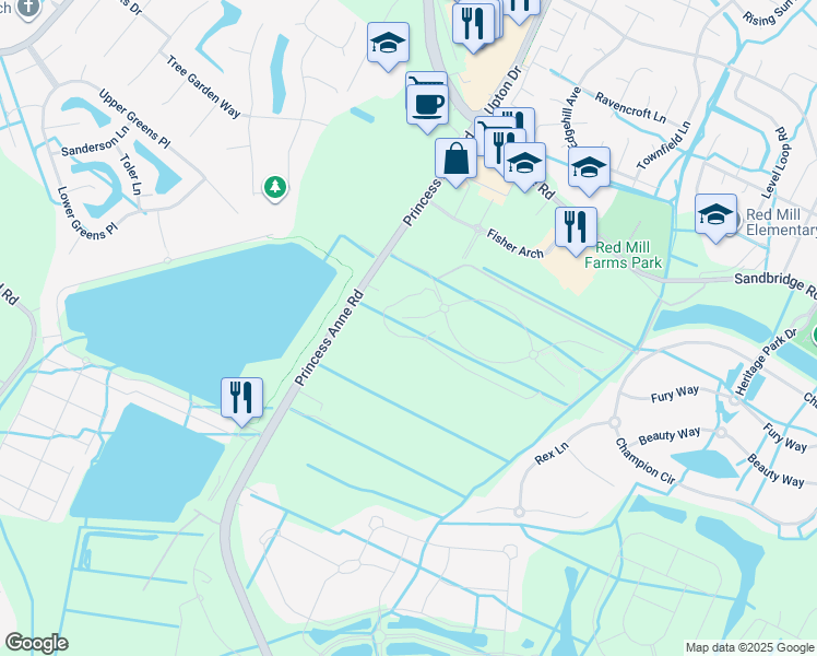 map of restaurants, bars, coffee shops, grocery stores, and more near 2732 Robert Monette Lane in Virginia Beach