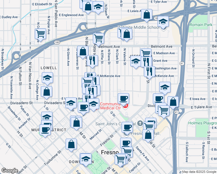 map of restaurants, bars, coffee shops, grocery stores, and more near 217 North Diana Street in Fresno