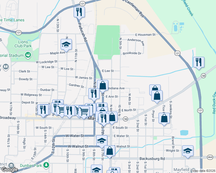 map of restaurants, bars, coffee shops, grocery stores, and more near 115 Indiana Avenue in Mayfield