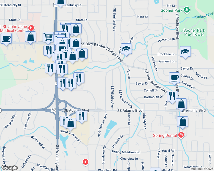 map of restaurants, bars, coffee shops, grocery stores, and more near 536 Southeast Greystone Avenue in Bartlesville