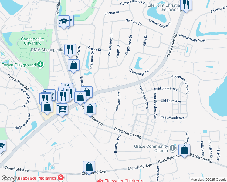 map of restaurants, bars, coffee shops, grocery stores, and more near 541 Davidson Circle in Chesapeake