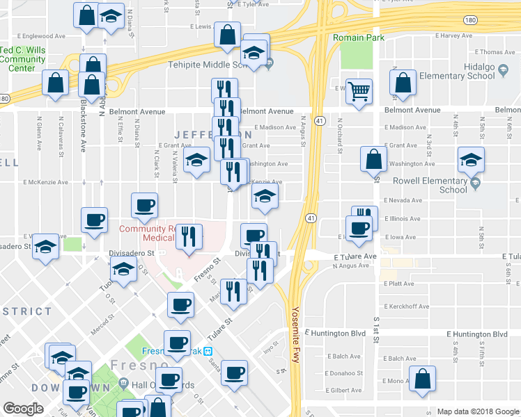 map of restaurants, bars, coffee shops, grocery stores, and more near 233 N Mariposa St in Fresno