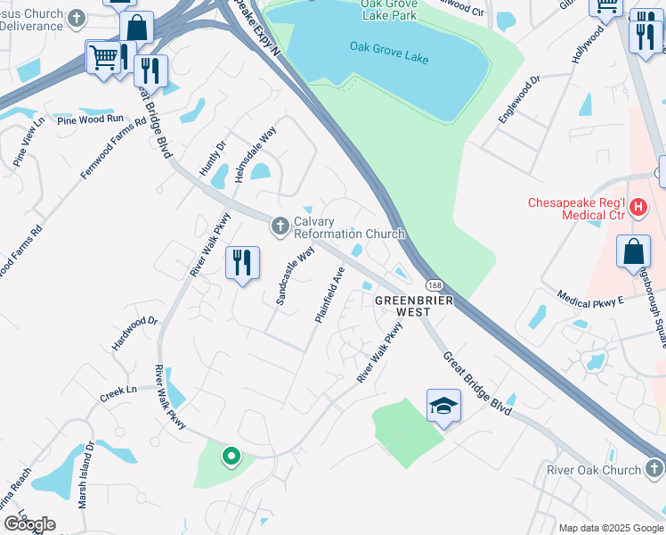 map of restaurants, bars, coffee shops, grocery stores, and more near 520 Plainfield Avenue in Chesapeake