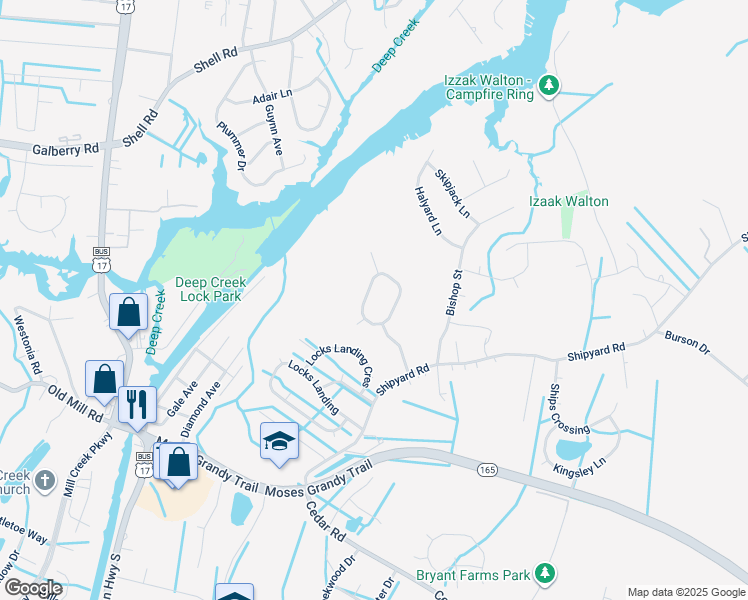 map of restaurants, bars, coffee shops, grocery stores, and more near 2420 Broadnax Circle in Chesapeake
