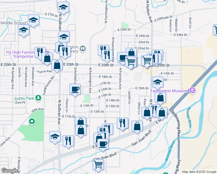map of restaurants, bars, coffee shops, grocery stores, and more near 2316 E 16th St in Farmington