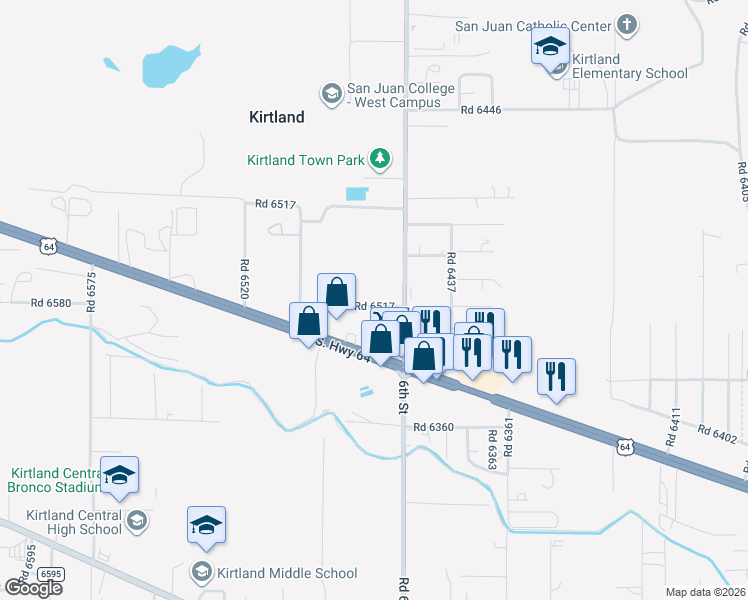 map of restaurants, bars, coffee shops, grocery stores, and more near 2-22 Road 6517 in Kirtland