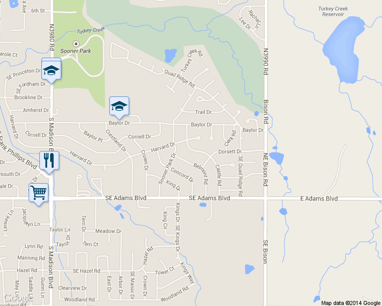 map of restaurants, bars, coffee shops, grocery stores, and more near 625 Castle Road in Bartlesville