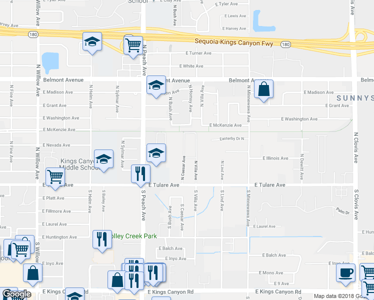 map of restaurants, bars, coffee shops, grocery stores, and more near 234 North Caesar Avenue in Fresno