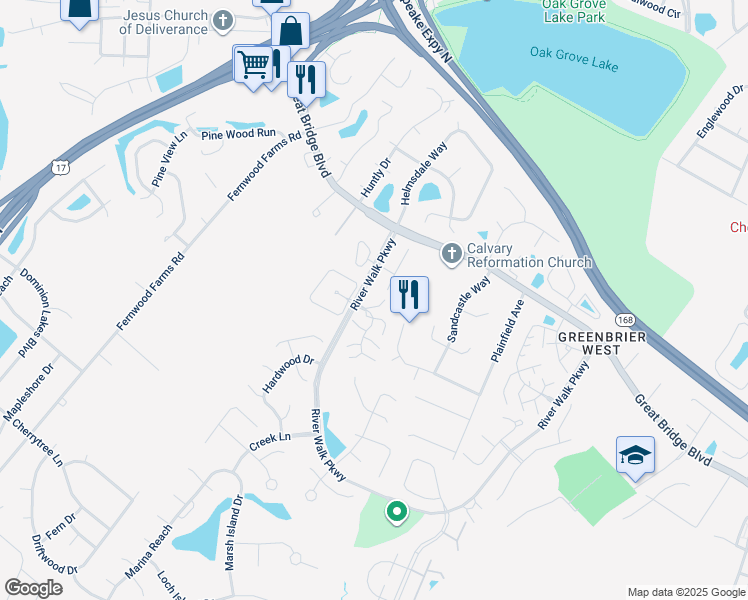 map of restaurants, bars, coffee shops, grocery stores, and more near 717 Rapidan River Court in Chesapeake