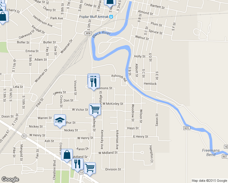 map of restaurants, bars, coffee shops, grocery stores, and more near 1509 Truman Street in Poplar Bluff