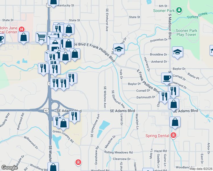 map of restaurants, bars, coffee shops, grocery stores, and more near 548 Southeast Wilshire Avenue in Bartlesville