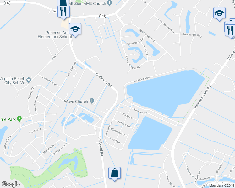 map of restaurants, bars, coffee shops, grocery stores, and more near 2571 Seaboard Road in Virginia Beach