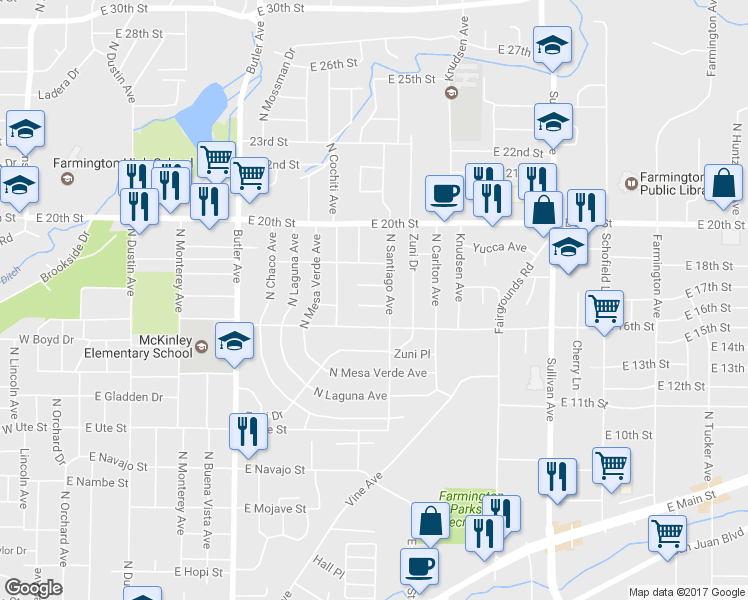 map of restaurants, bars, coffee shops, grocery stores, and more near 1216 East 16th Street in Farmington