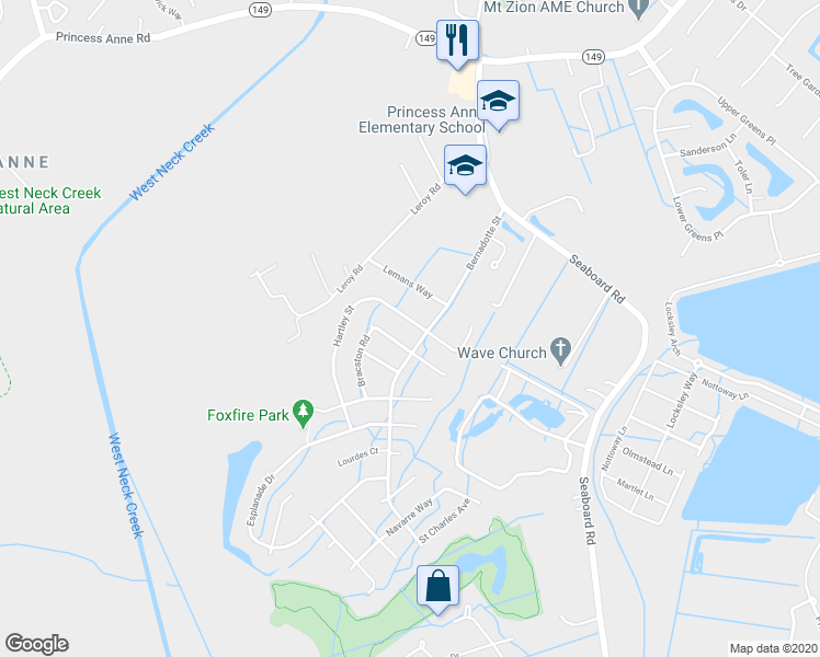map of restaurants, bars, coffee shops, grocery stores, and more near 2513 Hartley Street in Virginia Beach