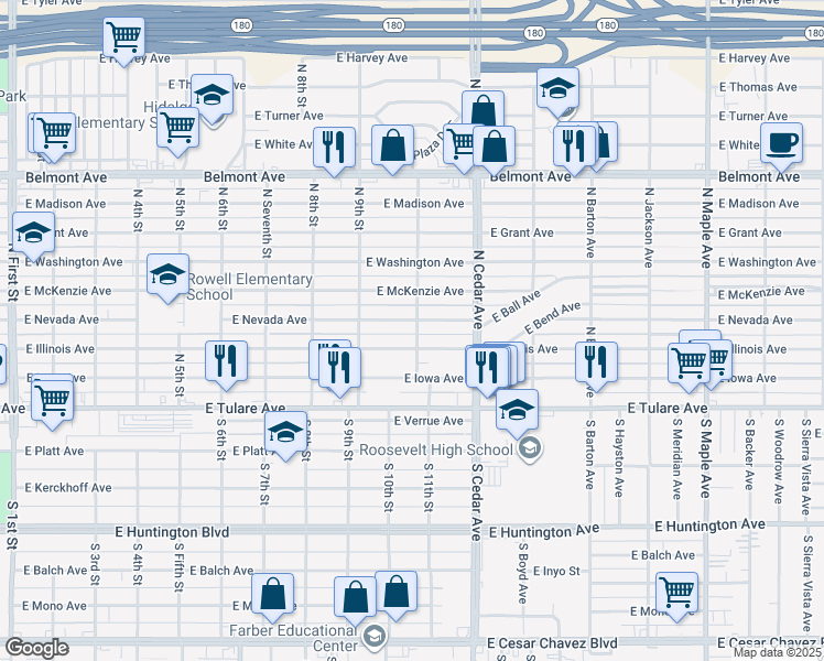 map of restaurants, bars, coffee shops, grocery stores, and more near 235 North 11th Street in Fresno