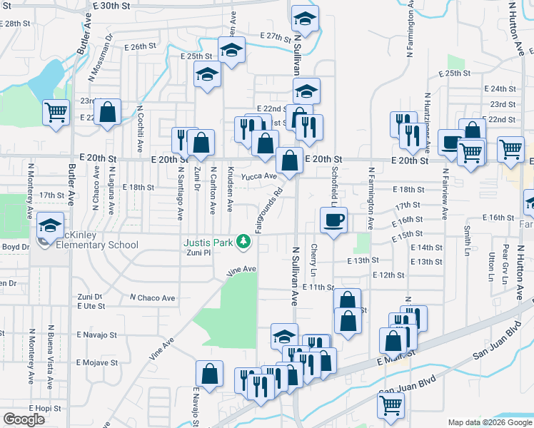map of restaurants, bars, coffee shops, grocery stores, and more near 1604 Fairgrounds Rd in Farmington