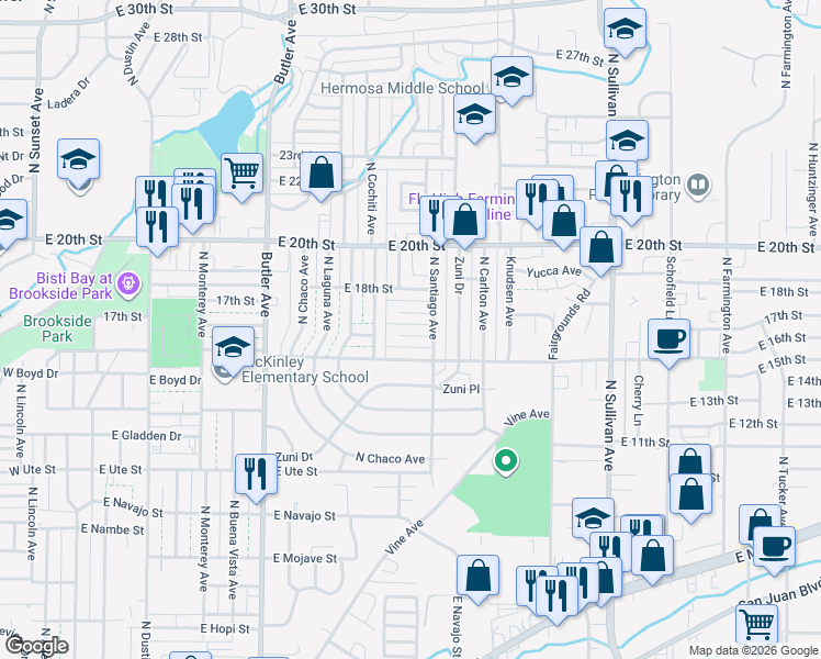 map of restaurants, bars, coffee shops, grocery stores, and more near 1216 East 16th Street in Farmington