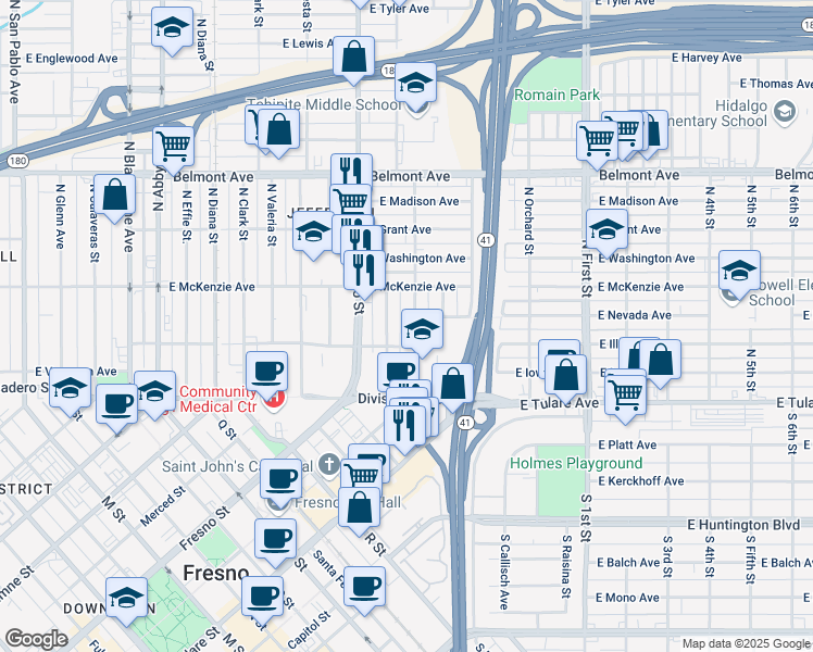 map of restaurants, bars, coffee shops, grocery stores, and more near 233 North Mariposa Street in Fresno