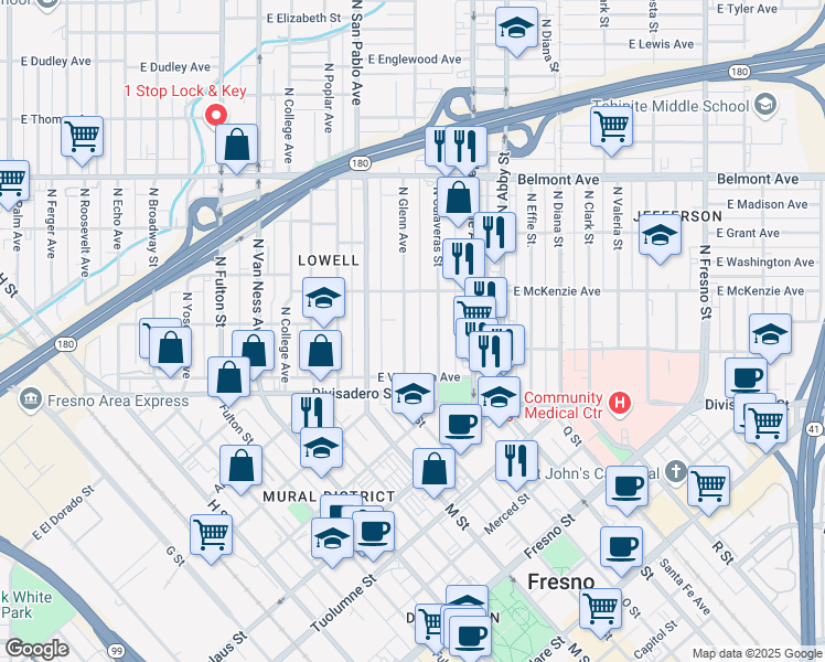 map of restaurants, bars, coffee shops, grocery stores, and more near 208 North Glenn Avenue in Fresno