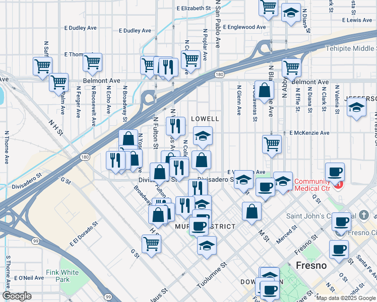 map of restaurants, bars, coffee shops, grocery stores, and more near 174 North College Avenue in Fresno