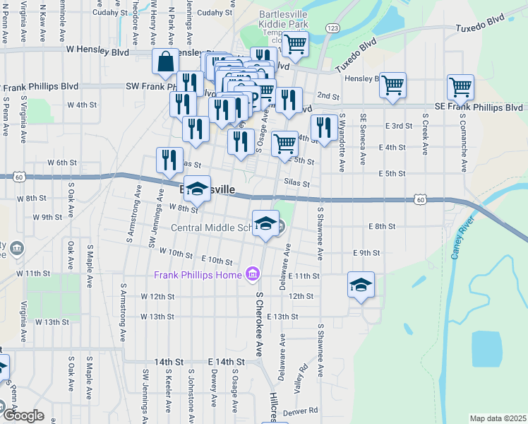 map of restaurants, bars, coffee shops, grocery stores, and more near 711 Southeast Cherokee Avenue in Bartlesville
