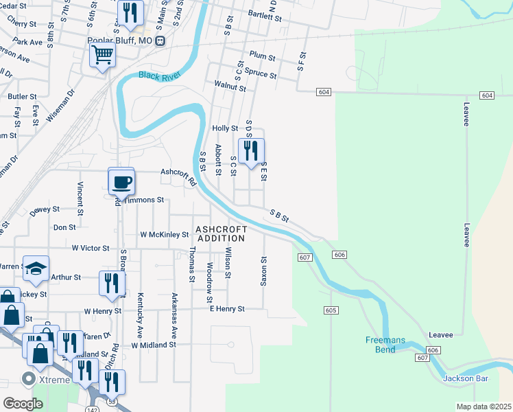 map of restaurants, bars, coffee shops, grocery stores, and more near 16665 Highway 67 North in Poplar Bluff