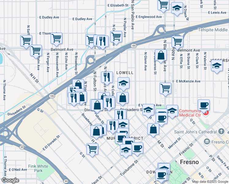 map of restaurants, bars, coffee shops, grocery stores, and more near 174 North College Avenue in Fresno