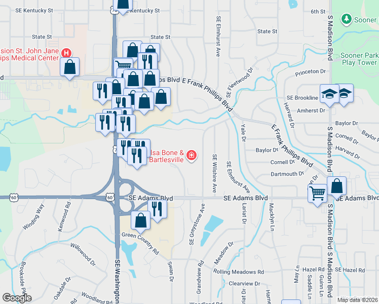map of restaurants, bars, coffee shops, grocery stores, and more near 4100 Southeast Adams Road in Bartlesville