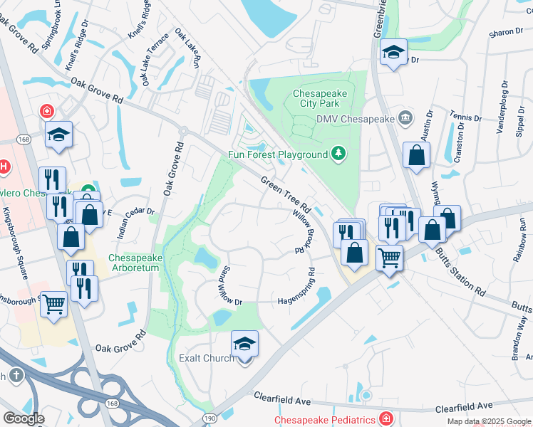 map of restaurants, bars, coffee shops, grocery stores, and more near 703 Willow Brook Road in Chesapeake