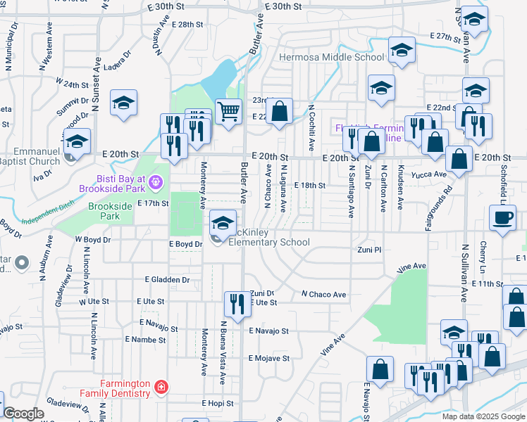 map of restaurants, bars, coffee shops, grocery stores, and more near 1509 North Chaco Avenue in Farmington