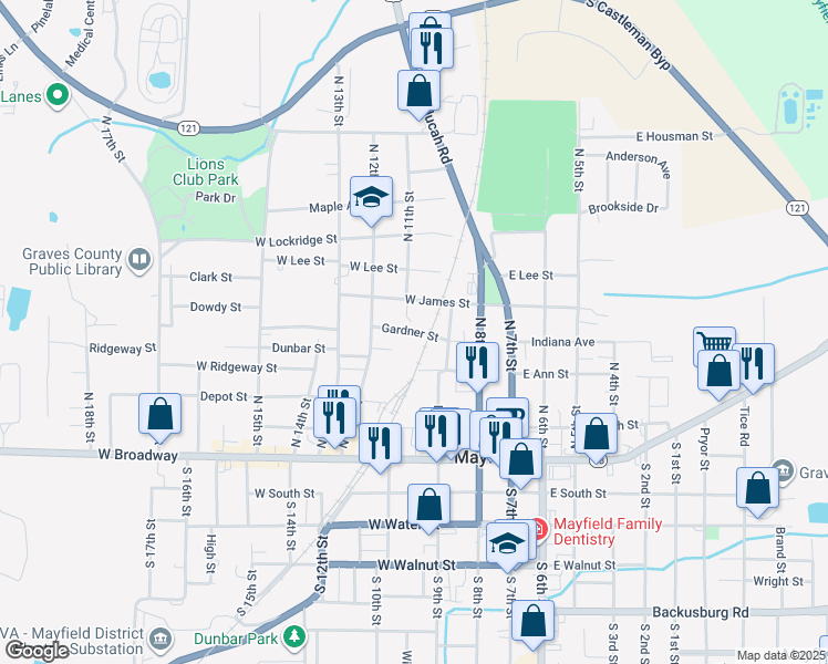 map of restaurants, bars, coffee shops, grocery stores, and more near Gardner Street in Mayfield