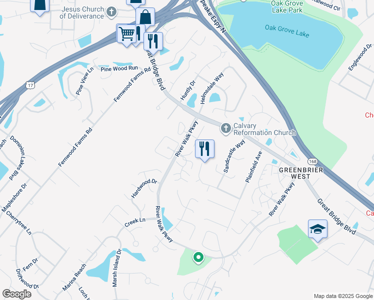 map of restaurants, bars, coffee shops, grocery stores, and more near 717 Rapidan River Court in Chesapeake