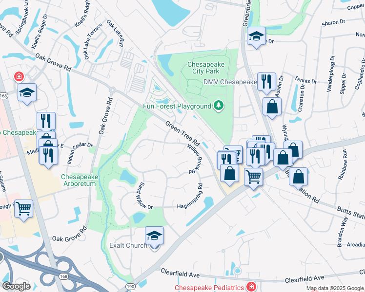 map of restaurants, bars, coffee shops, grocery stores, and more near 711 Willow Brook Road in Chesapeake
