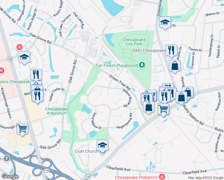 map of restaurants, bars, coffee shops, grocery stores, and more near 703 Willow Brook Road in Chesapeake