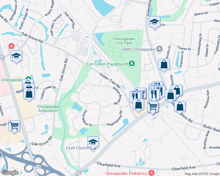 map of restaurants, bars, coffee shops, grocery stores, and more near 711 Willow Brook Road in Chesapeake